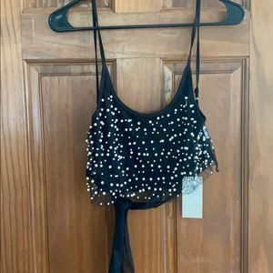 Pearl Black Mesh Crop Top - Forever 21 - L